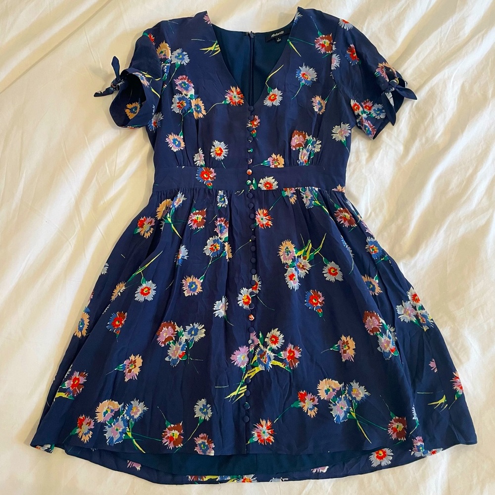 Madewell Silk Button Front Tie Sleeve Retro Mini Dress